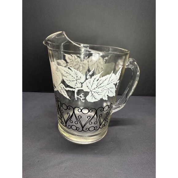 Vtg Bartlett Collin's Style Glass Pitcher Etched Grapevine Design 8.25" Tall - Picture 2 of 9